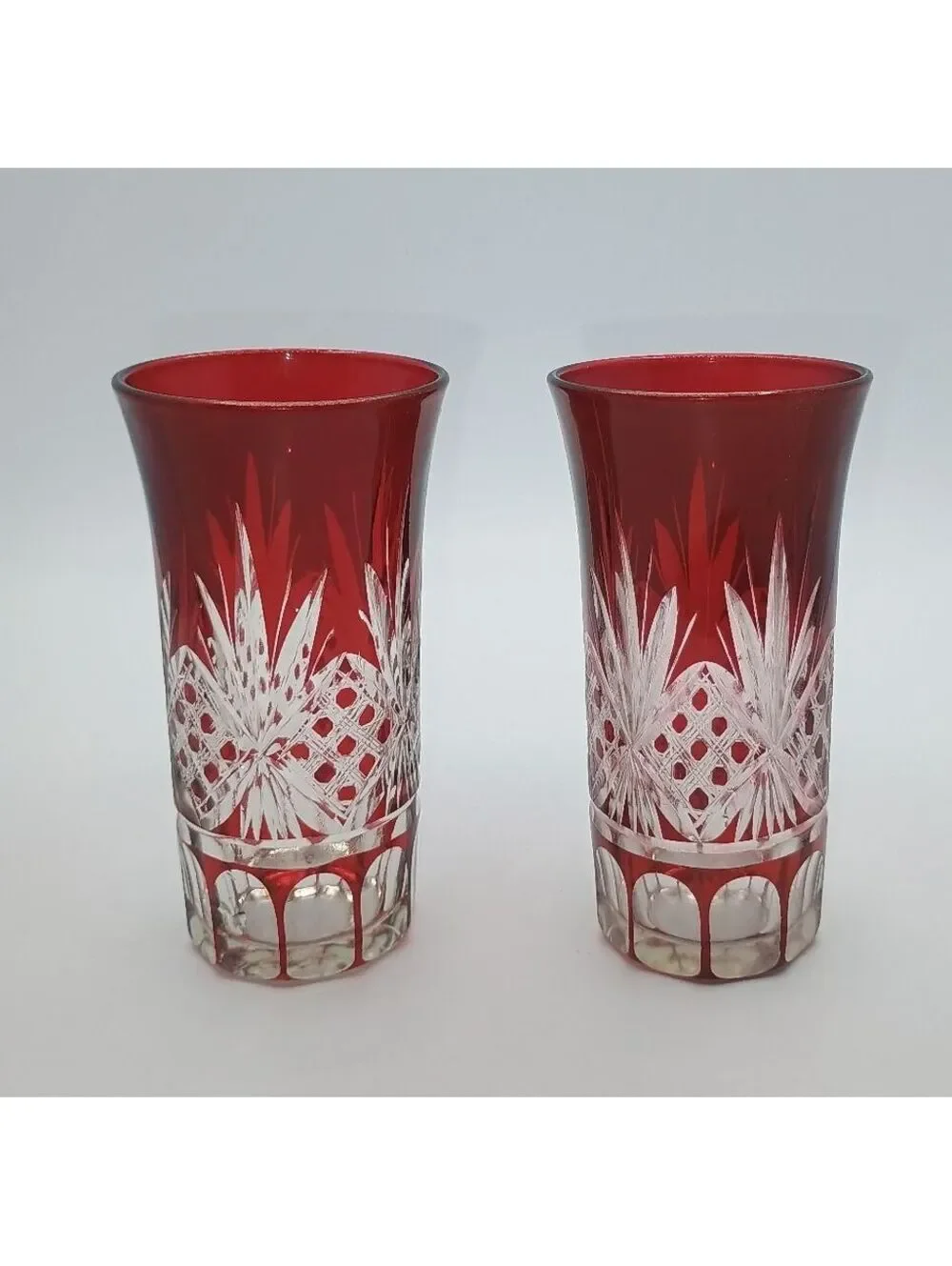 Vintage Ruby Red Cut to Clear Crystal Shot Glasses - Pair